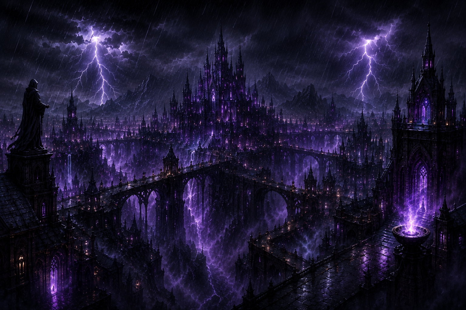 The Hollow City beneath a violet lightning storm