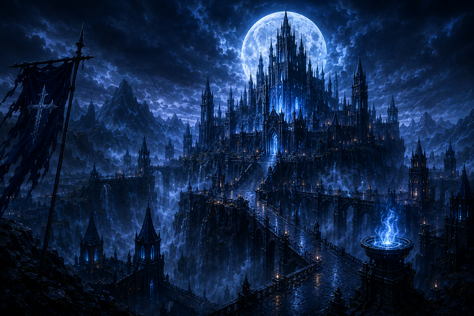 The Last Citadel beneath a vast moon and blue storm clouds