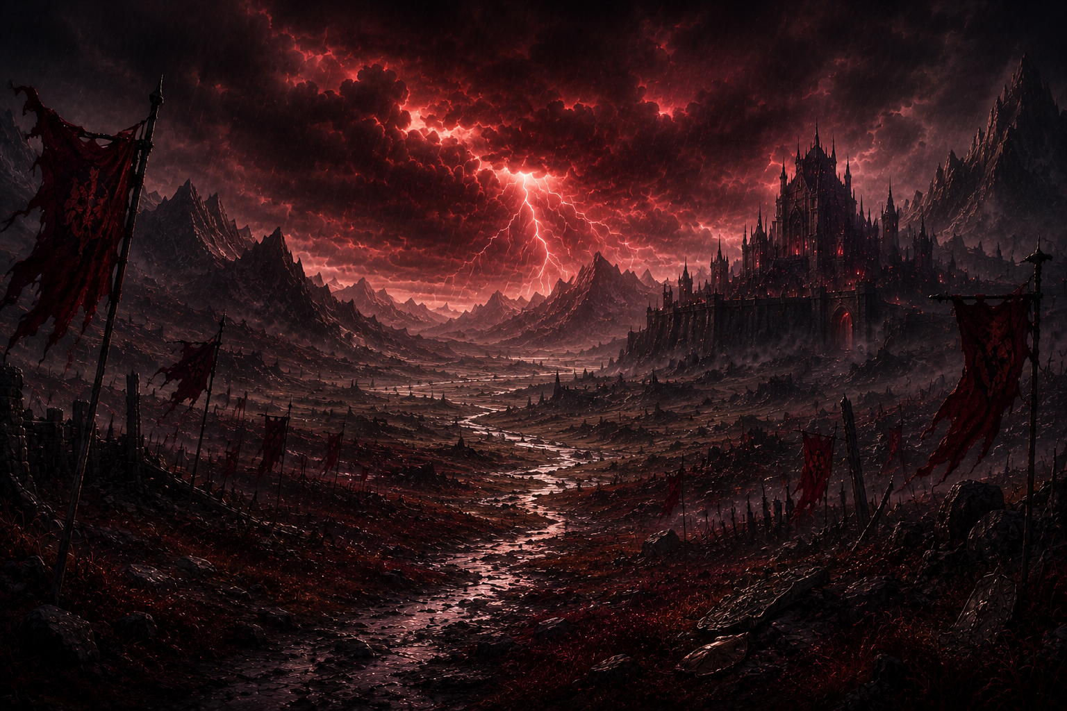 The Veiled Marches beneath a crimson storm